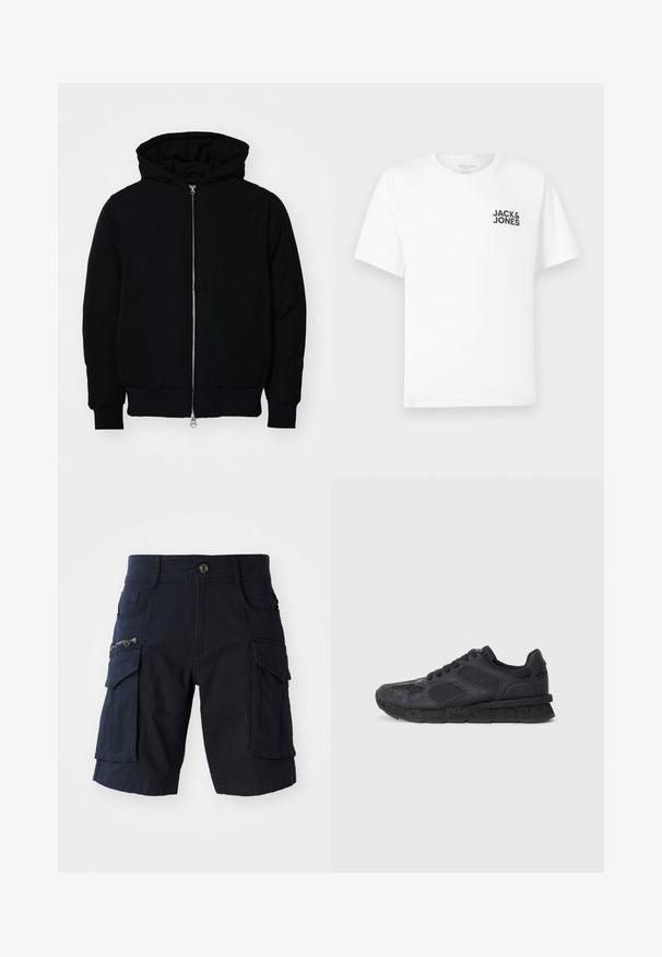 Černá kapucňová bunda s předním zipem, klokaní kapsou, vroubkovanými manžetami a spodním lemem, vystavená na čistém bílém pozadí.; Bílý bavlněný tričko, krátké rukávy, kulatý výstřih. Obsahuje černý textový logo "JACK & JONES" na levé straně hrudníku. Jednoduchý, hladký design.; Námořnické cargo šortky s několika kapsami, včetně boční kapsy na zip, odolného materiálu, rovného střihu a délky ke kolenům.; Replay ARTHUR ATOM - Tenisky - black