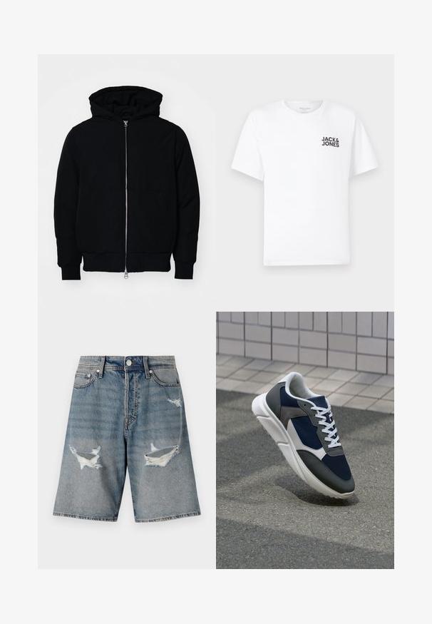 Crna kapuška jakna s prednjim zatvaračem, kenguru džepom, rebrastim manžetama i rubom, prikazana na običnoj bijeloj pozadini.; Bijela pamučna majica, kratki rukavi, okrugli izrez. Sadrži crni tekstualni logo "JACK & JONES" na lijevoj strani prsnog dijela. Jednostavan, običan dizajn.; Traper šorts u svijetloplava boji s izlizanim mrljama i raspucanim rubovima. Ima standardne džepove i kopčanje na gumb u struku.; Tenisice s gornjim dijelom od mrežastog materijala tamnoplave boje, siva antilopova naglašavanja, bijela gumena potplat i ravne bijele vezice, dizajnirane za udobnost i prozračnost.