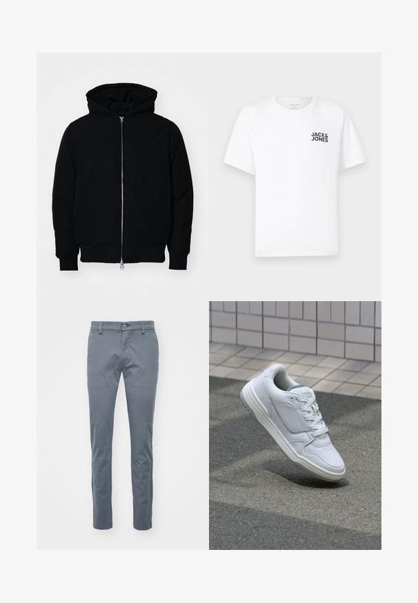 Črna kapuca jakna s sprednjim zadrgo, kenguru žepom, rebrastimi manšetami in hemom, razstavljena na enostavni beli ozadju.; Bela bombažna majica, kratki rokavi, okrogla izreza. Na levi strani prsnega dela se nahaja črn logotip "JACK & JONES". Preprost, enostaven dizajn.; Sive hlače po meri iz tkane tkanine, z ravnim sprednjim delom, standardnim pasom z zankami za pas in ozkimi ravnimi hlačnicami.; Bela usnjena superga s perforiranimi stranicami, teksturiranimi detajli, ravnimi vezalkami in kontrastno sivo peto. Ima rahlo dvignjen podplat.