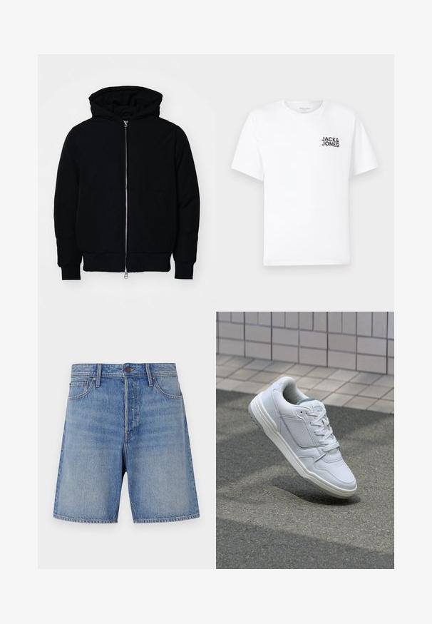Schwarze Kapuzenjacke mit Frontreißverschluss, Kängurutasche, gerippten Bündchen und Saum, auf einem schlichten weißen Hintergrund präsentiert.; Weißes Baumwoll-T-Shirt mit kurzen Ärmeln und Rundhalsausschnitt. Enthält ein schwarzes Textlogo "JACK & JONES" auf der linken Brustseite. Einfaches, schlichtes Design.; Hellblaue Denim-Shorts mit hoher Taille, traditionellem Fünf-Pocket-Design und kontrastierenden Nähten entlang der Nähte.; Weiße Ledersneaker mit perforierten Seiten, strukturierten Akzenten, flachen Schnürsenkeln und einer kontrastierenden grauen Ferse. Verfügt über eine leicht erhöhte Sohle.
