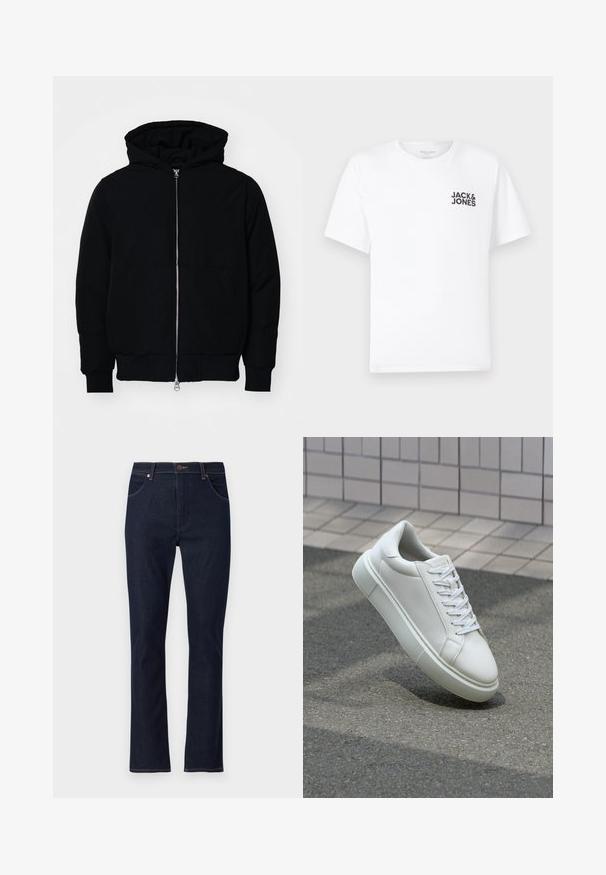 Svart hettejakke med frontglidelås, kengurulomme, ribbestrikket mansjetter og søm, vist på en ensfarget hvit bakgrunn.; Hvit bomull T-skjorte, korte ermer, rund hals. Har svart tekstlogo "JACK & JONES" på venstre brystområde. Enkel, ensfarget design.; Mørkeblå denimjeans med rett ben-cut, fem lommer og kontraststing. Klassisk knapp- og glidelås-lukking foran.; Hvit lær sneaker med glatt overflate, rund tå og flate hvite snøringer. Har en teksturert gummisåle og minimale design elementer.
