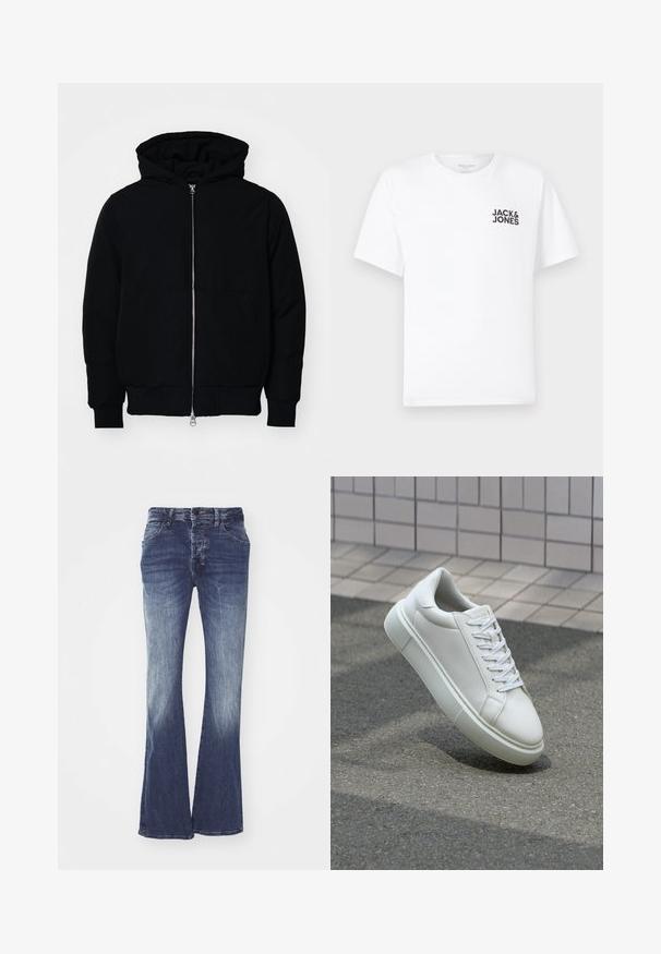 Jachetă neagră cu glugă, cu fermoar în față, buzunar tip kangaroo, mansete și tiv ribbed, prezentată pe un fundal alb simplu.; Trișor alb din bumbac, cu mâneci scurte și guler rotund. Prezintă un logo cu text negru "JACK & JONES" în zona stângă a pieptului. Design simplu, de bază.; Blugi evazați din denim albastru, cu talie medie, având un efect de decolorare de la închis la deschis, cinci buzunare și închidere cu nasture.; Sneaker alb din piele cu o suprafață netedă, vârf rotund și șireturi plate albe. Dispune de o talpă din cauciuc texturată și elemente de design minimale.