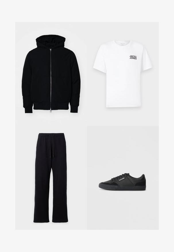 Černá kapucňová bunda s předním zipem, klokaní kapsou, vroubkovanými manžetami a spodním lemem, vystavená na čistém bílém pozadí.; Bílý bavlněný tričko, krátké rukávy, kulatý výstřih. Obsahuje černý textový logo "JACK & JONES" na levé straně hrudníku. Jednoduchý, hladký design.; Černé tepláky se střihem rovného legu, s elastickým pasem a šňůrkou na úpravu. Měkká, texturovaná látka.; Černé tenisky s kombinací kožených a semišových materiálů, kulaté tkaničky, strukturovaná gumová podrážka a logo značky na boku.