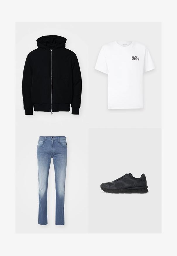 Black hooded jacket with front zipper, kangaroo pocket, ribbed cuffs, and hem, displayed on a plain white background.; White cotton t-shirt, short sleeves, crew neck. Features black text logo "JACK & JONES" on the left chest area. Simple, plain design.; Replay ANBASS PANTS - Slim fit jeans - medium grey; Replay ARTHUR ATOM - Trainers - black