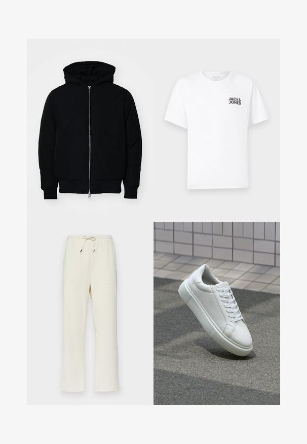 Zwarte hoodie met rits aan de voorkant, kangoeroe-pocket, geribbelde manchetten en zoom, weergegeven op een effen witte achtergrond.; Witte katoenen t-shirt, korte mouwen, ronde hals. Kenmerkt zich door het zwarte tekstlogo "JACK & JONES" op de linkerkant van de borst. Eenvoudig, strak ontwerp.; Crèmekleurige geribbelde sweatpants met een drawstring tailleband, voorzien van twee zijzakken en een rechte pijpdesign.; Witte leren sneaker met een glad oppervlak, ronde neus en platte witte veters. Voorzien van een gestructureerde rubberen zool en minimale ontwerpelementen.