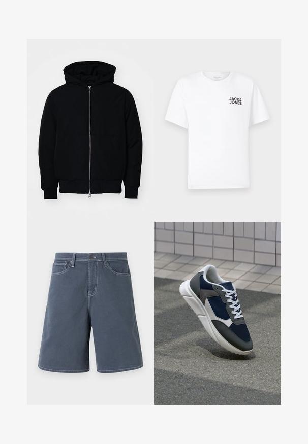 Jachetă neagră cu glugă, cu fermoar în față, buzunar tip kangaroo, mansete și tiv ribbed, prezentată pe un fundal alb simplu.; Trișor alb din bumbac, cu mâneci scurte și guler rotund. Prezintă un logo cu text negru "JACK & JONES" în zona stângă a pieptului. Design simplu, de bază.; Pantaloni scurți de culoare albastră închis, din bumbac, cu cusături albe, cinci buzunare și închidere cu nasture la talie. Design cu picior drept, detalii minime.; Adidași cu un uppers din plasă albastră închisă, accente din suede gri, talpă din cauciuc alb și șireturi plate albe, concepuți pentru confort și respirabilitate.