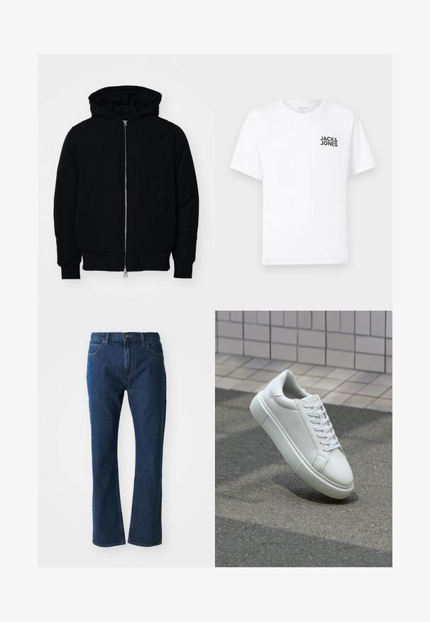 Černá kapucňová bunda s předním zipem, klokaní kapsou, vroubkovanými manžetami a spodním lemem, vystavená na čistém bílém pozadí.; Bílý bavlněný tričko, krátké rukávy, kulatý výstřih. Obsahuje černý textový logo "JACK & JONES" na levé straně hrudníku. Jednoduchý, hladký design.; Tmavě modré džíny se střihem rovného nohavice, předním zapínáním na knoflík a zip, poutky na opasek a předními i zadními kapsami.; Bílé kožené tenisky s hladkým povrchem, kulatou špičkou a plochými bílými tkaničkami. Disponují texturovanou gumovou podrážkou a minimálními designovými prvky.