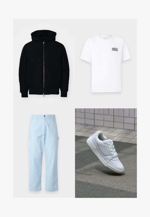 Giacca nera con cappuccio, dotata di zip frontale, tasca a marsupio, polsini e orlo a coste, esposta su uno sfondo bianco semplice.; T-shirt bianca in cotone, maniche corte, collo rotondo. Presenta un logo in testo nero "JACK & JONES" nell'area sinistra del petto. Design semplice e minimale.; Pantaloni cargo azzurri chiari realizzati in morbido cotone, con una linea dritta, dotati di tasche laterali e chiusura a bottone in vita.; Sneaker bianca in pelle con lati perforati, accenti testurizzati, lacci piatti e tallone grigio a contrasto. Presenta una suola leggermente elevata.