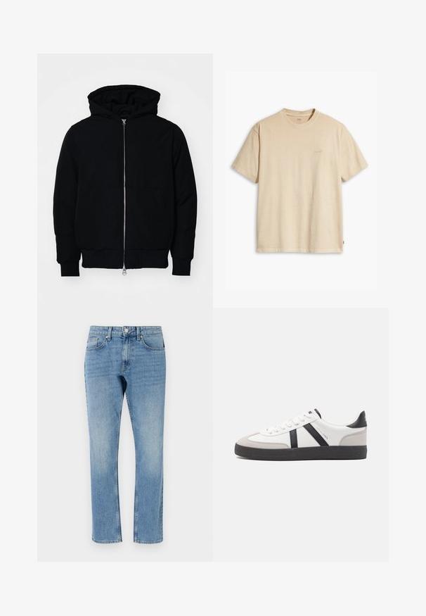 Černá kapucňová bunda s předním zipem, klokaní kapsou, vroubkovanými manžetami a spodním lemem, vystavená na čistém bílém pozadí.; Béžové bavlněné tričko s kulatým výstřihem a krátkým rukávem. Na hrudi má decentní logo "Levi's" ve stejné barvě. Měkká textura.; Světle modré džínové kalhoty se střiham rovného nohavice, pěti kapsami a zapínáním na knoflík. Mají vybledlý vzhled s klasickou texturou.; Bílé tenisky s černými a šedými akcenty, opatřené texturovaným šedým prstovým krytem, černou gumovou podrážkou a plochými bílými tkaničkami. Čistý design, minimalistický styl.