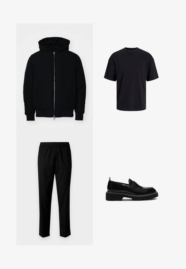 Schwarze Kapuzenjacke mit Frontreißverschluss, Kängurutasche, gerippten Bündchen und Saum, auf einem schlichten weißen Hintergrund präsentiert.; Schwarzes Baumwoll-T-Shirt mit Rundhalsausschnitt, kurzen Ärmeln und lässiger Passform. Glatte Oberflächenstruktur und keine sichtbaren Muster oder Akzente.; Schwarze Hose mit einem elastischen Bund und einem geraden Bein Design. Der Stoff wirkt glatt mit einer matten Textur, ohne sichtbare Muster.; Schwarzer Leder-slipper mit runder Zehenpartie, klobiger strukturierter Sohle, dekorativer Naht und kleinem Absatz. Mit einer Ziehlasche hinten.