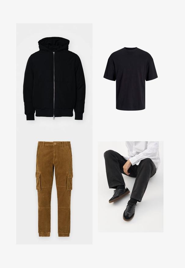 Giacca nera con cappuccio, dotata di zip frontale, tasca a marsupio, polsini e orlo a coste, esposta su uno sfondo bianco semplice.; T-shirt in cotone nero con collo rotondo, maniche corte e vestibilità morbida. Texture liscia senza pattern o dettagli visibili.; Pantaloni cargo in corduroy marrone con vestibilità affusolata, dotati di tasche laterali, chiusura a bottoni e polsini elasticizzati alle caviglie.; Sneaker nere con una tomaia liscia e testurizzata, con suola in gomma e lacci scuri. Abbinati a jeans neri e una camicia bianca a righe.