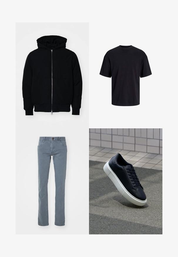 Svart hettejakke med frontglidelås, kengurulomme, ribbestrikket mansjetter og søm, vist på en ensfarget hvit bakgrunn.; Svart bomull t-skjorte med rund hals, korte ermer og en avslappet passform. Glatt tekstur uten synlige mønstre eller detaljer.; Grå denimjeans med rette ben, fem lommer og knappelukk. Stoffet har en jevn tekstur og minimal falming.; Sorte skinnsneakers med rund tå og hvit gummisåle. Har flate lisser og minimal søm på overdelen. Strukturert såle for grep.