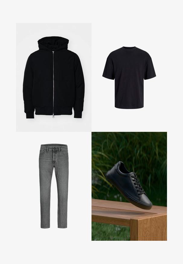 Chaqueta negra con capucha, cierre frontal, bolsillo tipo canguro, y puños y dobladillo acanalados, exhibida sobre un fondo blanco liso.; Camiseta de algodón negra con cuello redondo, mangas cortas y un ajuste relajado. Textura suave y sin patrones ni acentos visibles.; Vaqueros de mezclilla gris de corte recto, diseño de cinco bolsillos y cierre de botón metálico. Textura bien usada y un ligero desvanecimiento en toda la prenda.; Zapatilla de cuero negro con textura suave, punta redonda y cordones planos, posicionada sobre una superficie de madera con hierba verde al fondo.