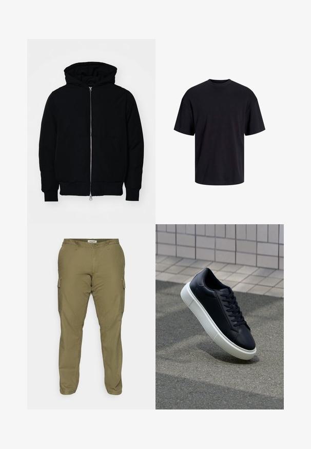 Crna kapuška jakna s prednjim zatvaračem, kenguru džepom, rebrastim manžetama i rubom, prikazana na običnoj bijeloj pozadini.; Crna pamučna majica s okruglim izrezom, kratkim rukavima i opuštenim krojem. Glatka tekstura bez vidljivih uzoraka ili dekoracija.; Maslinasto zelene cargo hlače izrađene od pamučne mješavine, s bočnim džepovima, petljama za remen i ravnim krojem. Glatka tekstura.; Crne kožne tenisice s zaobljenim vrhom i bijelim gumiranim potplatom. Imaju ravne vezice i minimalno šivanje na gornjem dijelu. Teksturirani potplat za bolje prianjanje.