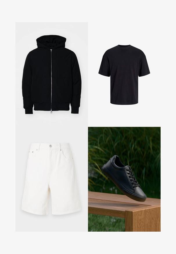 Mustaga kapuutsiga jakk, millel on esineed, kenguru tasku, soonikkoes, ja alläär, esitatud lihtsal valgel taustal.; Must must on mustre, lühikeste varrukatega ja vabalt langev. Sile tekstuur ja ilma nähtavate mustrite või aktsentideta.; Valged teksashorts otsekulu, viie tasku ja hõbedase nööbiga kinnitusega. Omab vastupidavat tekstuuri ja ääristatud servasid.; Must have musta sneakers sile nahka, sujuva tekstuuriga, ümmargune varvas ja lamedad paelad, asetatud puidust pinnale koos rohelise rohuga taustal.