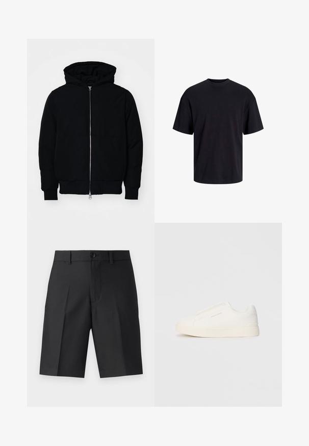 Melna kapucēta jaka ar priekšējo rāvējslēdzēju, kenguru kabatu, ribinātām aprocēm un apakšmalu, parādīta uz vienkārša balta fona.; Melns kokvilnas T-krekls ar apaļu kakla izgriezumu, īsām piedurknēm un brīvu piegriezumu. Gluda tekstūra un nav redzamu rakstu vai akcentu.; Melnas pielāgotas šortus, kas izgatavoti no viegla materiāla, ar taisnu griezumu, vienu stūri un priekšpusi ar pogu.; Baltas slip-on sporta apavi ar teksturētu virsmu, biezu zoli un minimālistisku dizainu. Sānos redzams zīmola logotips.