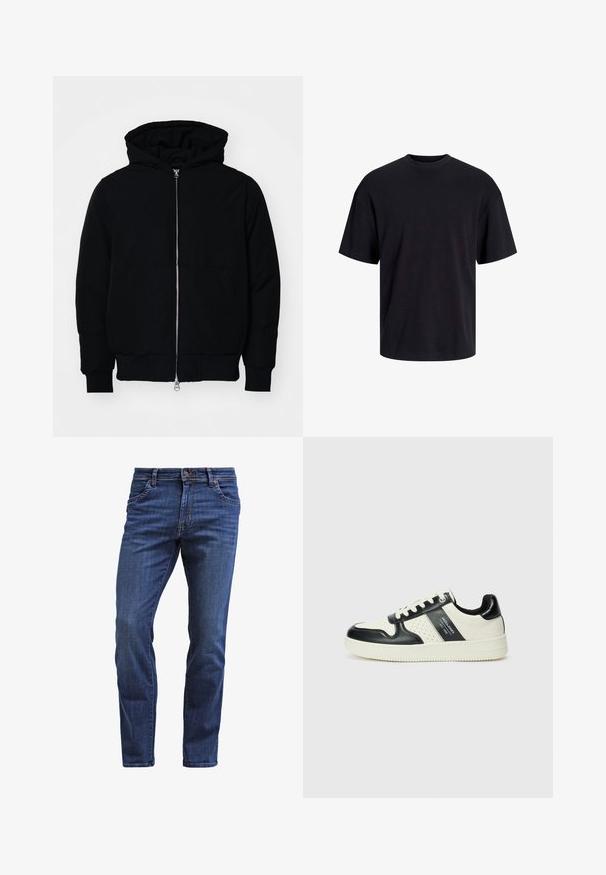 Melna kapucēta jaka ar priekšējo rāvējslēdzēju, kenguru kabatu, ribinātām aprocēm un apakšmalu, parādīta uz vienkārša balta fona.; Melns kokvilnas T-krekls ar apaļu kakla izgriezumu, īsām piedurknēm un brīvu piegriezumu. Gluda tekstūra un nav redzamu rakstu vai akcentu.; Tumši zilie džinsi ar taisnu piegriezumu, ar piecām kabatām, pogu jostasvietā un vieglu izbalēšanu uz augšstilbiem.; Ādas sporta apavi ar melnbaltu krāsu shēmu, ar perforētiem akcentiem, mīkstinātu apkakli un teksturētu zoli.