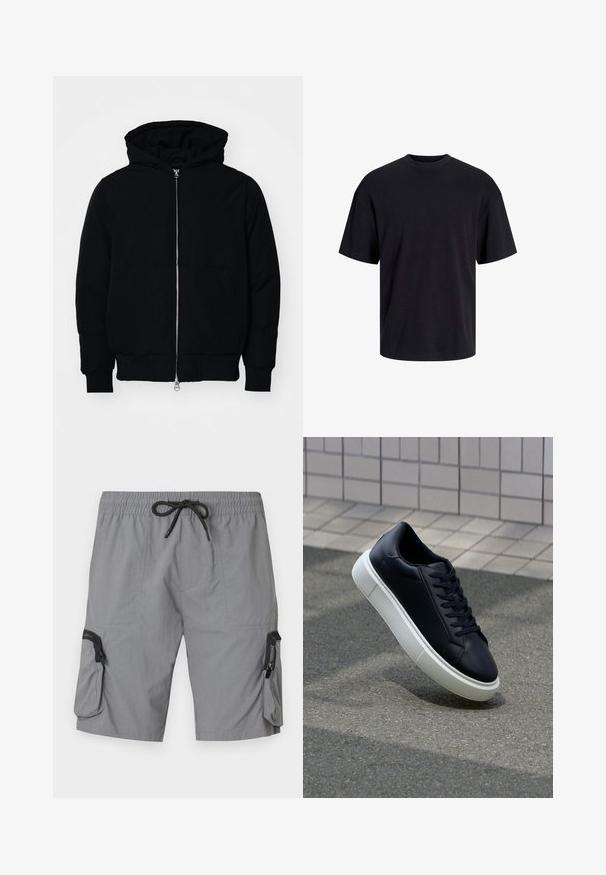 Zwarte hoodie met rits aan de voorkant, kangoeroe-pocket, geribbelde manchetten en zoom, weergegeven op een effen witte achtergrond.; Zwarte katoenen t-shirt met een ronde halslijn, korte mouwen en een relaxte pasvorm. Glad textuur en geen zichtbare patronen of accenten.; Grijze cargoshorts van lichtgewicht stof, met een elastische tailleband met trekkoord, zijzakken en een decoratieve met rits afgesloten zak.; Zwarte leren sneaker met een ronde neus en een witte rubberen zool. Voorzien van platte veters en minimale stiksels op het bovenwerk. Textuurrijke zool voor grip.