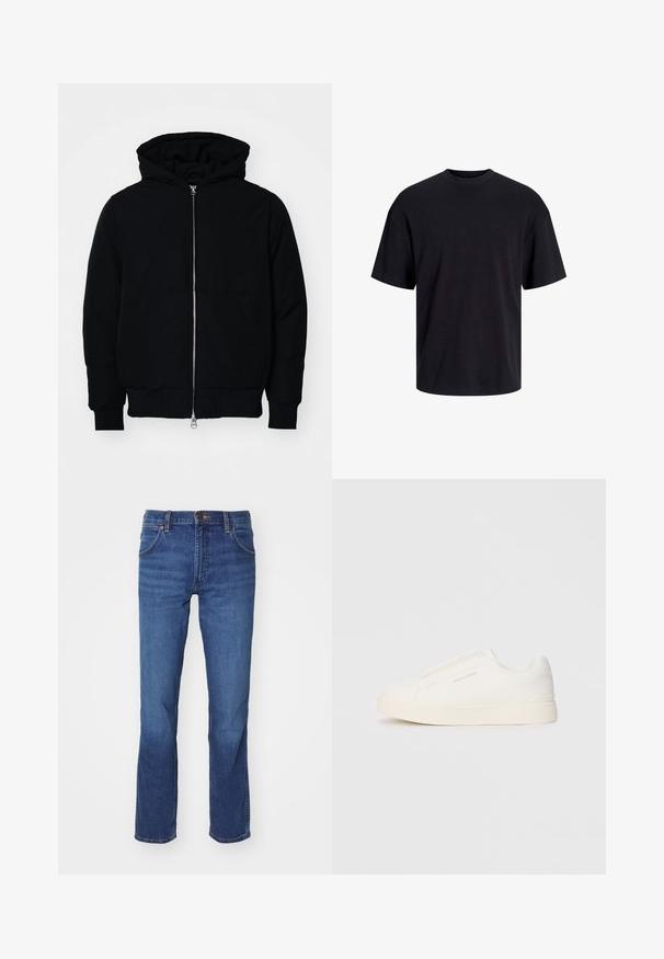 Črna kapuca jakna s sprednjim zadrgo, kenguru žepom, rebrastimi manšetami in hemom, razstavljena na enostavni beli ozadju.; Črna bombažna majica s krojačkom izrezom, kratkimi rokavi in sproščenim krojem. Gladka tekstura in brez vidnih vzorcev ali poudarkov.; Jeans iz jeansa v srednje modri barvi s pravim krojem, petimi žepi in tradicionalnim zapiranjem na gumb in zadrgo.; Bele zapete brez vezalk z teksturirano površino, debelim podplatom in minimalističnim dizajnom. Na strani se nahaja logotip blagovne znamke.