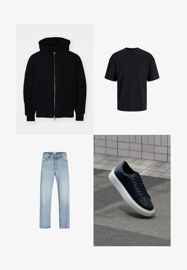 Mustaga kapuutsiga jakk, millel on esineed, kenguru tasku, soonikkoes, ja alläär, esitatud lihtsal valgel taustal.; Must must on mustre, lühikeste varrukatega ja vabalt langev. Sile tekstuur ja ilma nähtavate mustrite või aktsentideta.; Heledad sinine teksad sirge lõikega, viie tasku kujundusega, nööbi ja tõmbluku sulgemisega ning kangal on kerge kulumine.; Mustast nahast tennisetoss, millel on ümar nina ja valge kummist tall. Omab siredaid paelu ja minimaalset õmblemist ülemises osas. Tekstuuriga tald, mis tagab haakuvuse.