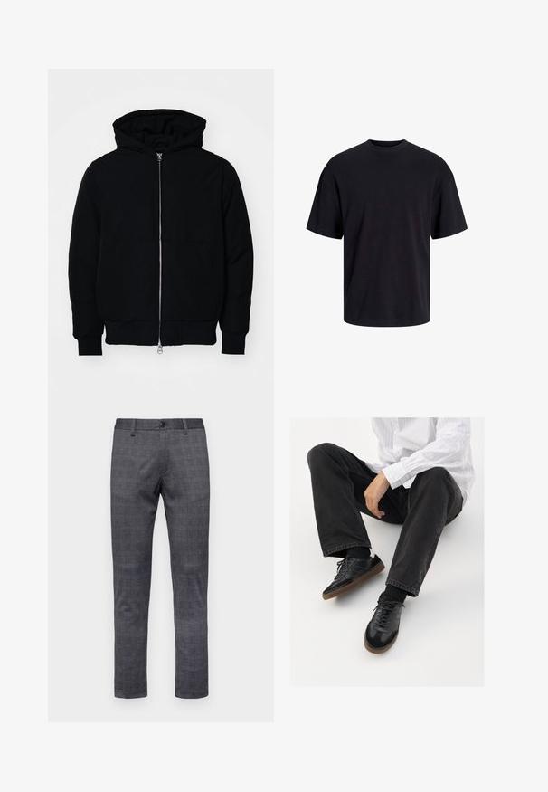 Schwarze Kapuzenjacke mit Frontreißverschluss, Kängurutasche, gerippten Bündchen und Saum, auf einem schlichten weißen Hintergrund präsentiert.; Schwarzes Baumwoll-T-Shirt mit Rundhalsausschnitt, kurzen Ärmeln und lässiger Passform. Glatte Oberflächenstruktur und keine sichtbaren Muster oder Akzente.; Grau karierte Hose mit Slim-Fit, ausgestattet mit einem Knopfverschluss, Gürtelschlaufen und einem strukturierten Stoff.; Schwarze Sneakers mit einer glatten und strukturierten Oberfläche, ausgestattet mit einer Gummisohle und dunklen Schnürsenkeln. Kombiniert mit schwarzen Jeans und einem gestreiften weißen Hemd.