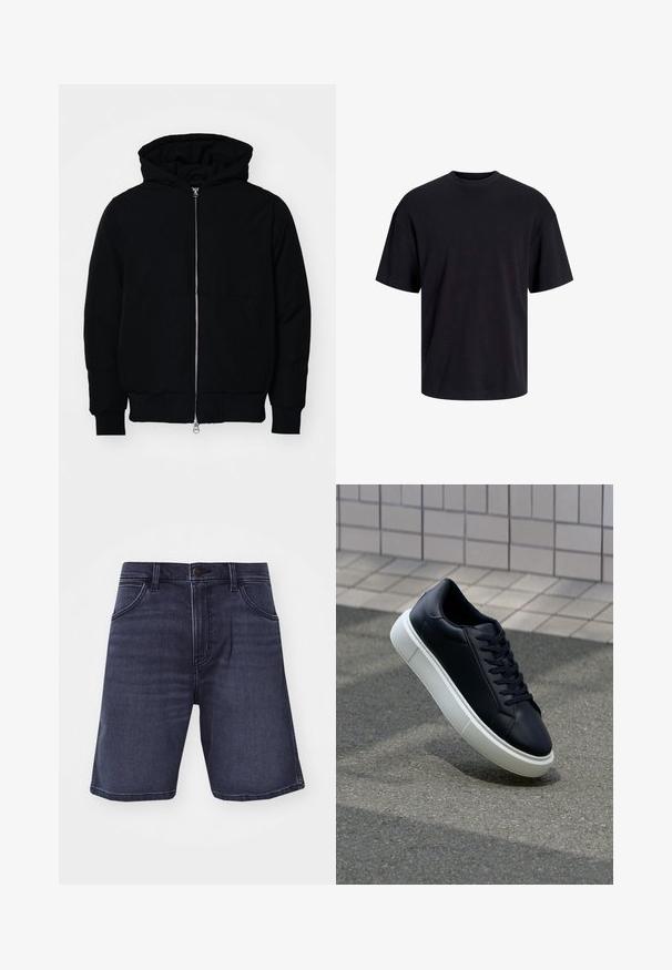 Mustaga kapuutsiga jakk, millel on esineed, kenguru tasku, soonikkoes, ja alläär, esitatud lihtsal valgel taustal.; Must must on mustre, lühikeste varrukatega ja vabalt langev. Sile tekstuur ja ilma nähtavate mustrite või aktsentideta.; Tumedast indigo denim lühikesed püksid sirge lõikega, viie tasku ja nupuga sulgemine. Omaduseks on õrn kulumine ja õmblusteadlikkus.; Mustast nahast tennisetoss, millel on ümar nina ja valge kummist tall. Omab siredaid paelu ja minimaalset õmblemist ülemises osas. Tekstuuriga tald, mis tagab haakuvuse.