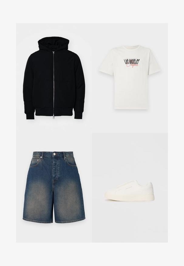 Black hooded jacket with front zipper, kangaroo pocket, ribbed cuffs, and hem, displayed on a plain white background.; White cotton t-shirt with short sleeves and round neckline. Features "Los Angeles California" graphic in black and red. Simple, relaxed fit.; Denim shorts in medium blue with a faded wash. Features a high waist, five pockets, and a straight leg design. Metal button closure.; White slip-on sneakers with a textured surface, a thick sole, and minimalistic design. Features brand logo on the side.