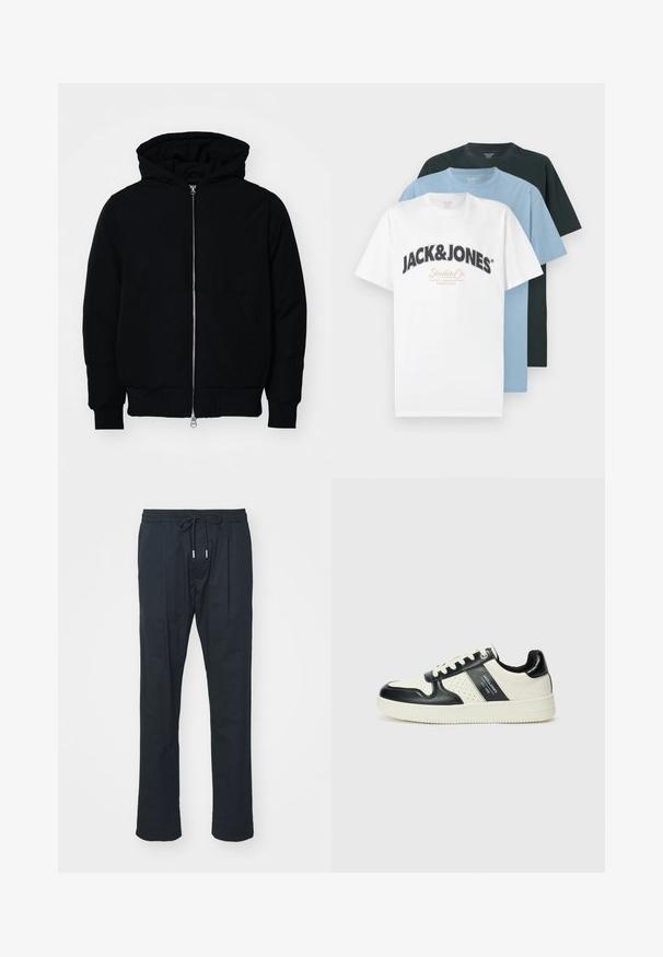 Fekete kapucnis dzseki elülső cipzárral, kenguruzsebbel, bordázott mandzsettákkal és aba, egy sima fehér háttér előtt.; Három hajtott, rövid ujjú környakú póló fehér színben Jack & Jones logóval, világoskék és fekete színben, egymásra helyezve egy fehér háttér előtt.; Fekete nadrág, elasztikus derékkal és állítható zsinórral a kényelmes illeszkedés érdekében. Egyenes szárú design és könnyű anyag. Látható minták nélkül.; Fekete és krém színű bőrsneaker, perforált díszítésekkel, párnázott bokapánttal és texturált talppal.