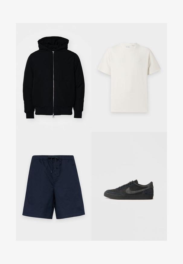 Black hooded jacket with front zipper, kangaroo pocket, ribbed cuffs, and hem, displayed on a plain white background.; White short-sleeve T-shirt in a ribbed texture. Round neckline, relaxed fit, no visible patterns or accents. Simple and versatile design.; Navy blue swim shorts with an elastic waistband and drawstring. Lightweight fabric with a smooth texture and no visible patterns or embellishments.; Black suede sneakers with a low profile, rubber outsole, textured side panels, and tonal Nike swoosh logo. Laced front, cushioned collar.