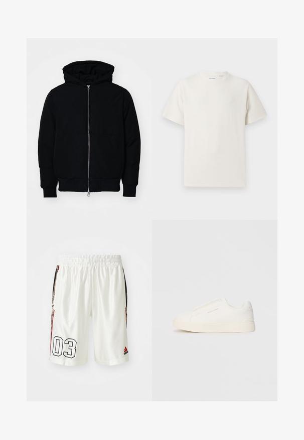 Juodas gobtuvėlis su priekiniu užtrauktuku, kengūros tipo kišene, lygiais rankogaliais ir apvadu, pateiktas ant vientiso balto fono.; Balta trumpa rankovė T-polo marškinėlių su juostelėmis tekstūra. Apvalus iškirpimas, laisvas fasonas, jokių matomų raštų ar akcentų. Paprastas ir universalus dizainas.; Balti sportiniai šortai su elastingu juosmeniu. Yra didelis juodas "03" spaudinis ir šoninės panelės su raštuotu dizainu. Yra Adidas logotipas.; Baltos slip-on sportbačiai su tekstūruota paviršiumi, storesniu padu ir minimalistišku dizainu. Šone matosi prekės ženklo logotipas.