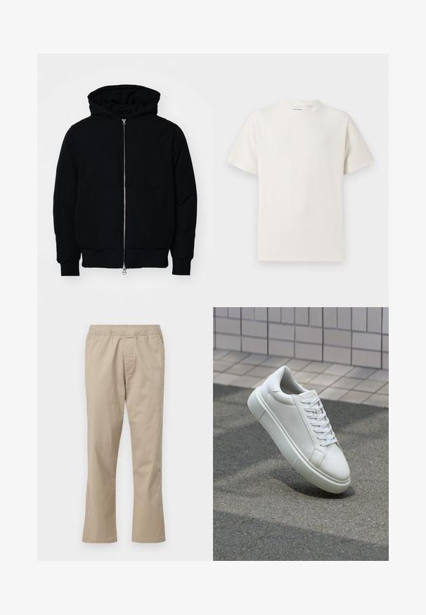 Juodas gobtuvėlis su priekiniu užtrauktuku, kengūros tipo kišene, lygiais rankogaliais ir apvadu, pateiktas ant vientiso balto fono.; Balta trumpa rankovė T-polo marškinėlių su juostelėmis tekstūra. Apvalus iškirpimas, laisvas fasonas, jokių matomų raštų ar akcentų. Paprastas ir universalus dizainas.; Šviesiai rudos medvilninės kelnės su elastingu juosmeniu, tiesaus kirpimo dizainu ir šoninėmis kišenėmis, pasižyminčios lygaus paviršiaus tekstūra ir be raštų.; Balti odiniai sportbačiai su lygiu paviršiumi, apvalia nosimi ir plokščiomis baltomis raištelėmis. Yra tekstūruotas gumos padas ir minimalizmas dizaino elementuose.