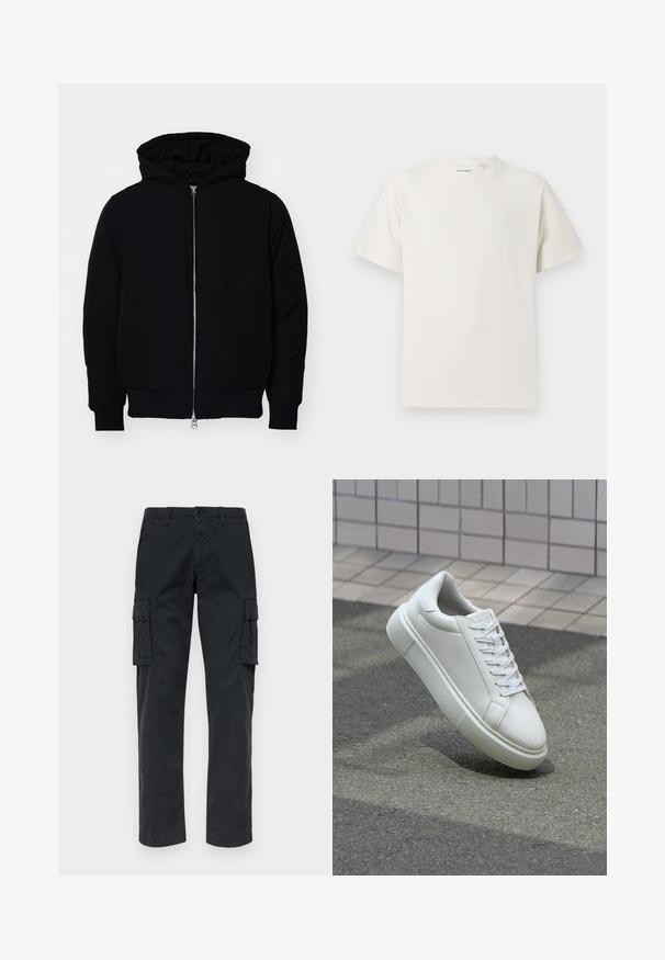 Czarna kurtka z kapturem, z suwakiem z przodu, kieszenią kangurką, ściągaczami przy mankietach i dolnym brzegu, prezentowana na jednolitym białym tle.; Biała krótka koszulka z krótkim rękawem o żebrowanej fakturze. Okrągły dekolt, luźny krój, brak widocznych wzorów lub akcentów. Prosty i uniwersalny design.; Czarne spodnie cargo wykonane z mocnego materiału, z dwoma bocznymi kieszeniami, prostymi nogawkami i zapięciem na guziki w talii.; Białe skórzane trampki z gładką powierzchnią, okrągłym noskiem i płaskimi białymi sznurowadłami. Posiadają teksturowaną gumową podeszwę oraz minimalistyczne elementy projektowe.