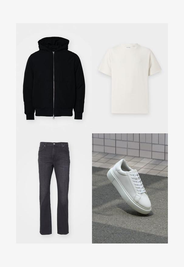 Svart hettejakke med frontglidelås, kengurulomme, ribbestrikket mansjetter og søm, vist på en ensfarget hvit bakgrunn.; Hvit T-skjorte med kort erm i ribbestrikket tekstur. Rund hals, avslappet passform, ingen synlige mønstre eller detaljer. Enkelt og allsidig design.; Mørke denim jeans med rett ben-design, med en klassisk fem-lommers stil og en enkel knappelukking i livet.; Hvit lær sneaker med glatt overflate, rund tå og flate hvite snøringer. Har en teksturert gummisåle og minimale design elementer.