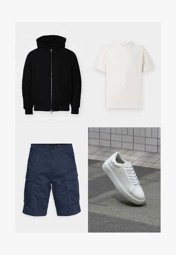 Mustat huppu-untuvatakki, jossa on vetoketju edessä, kenguru-tasku, ribatut hihansuut ja helma, esillä yksinkertaisella valkoisella taustalla.; Valkoinen lyhythihainen T-paita ribbikuviossa. Pyöreä kaula-aukko, rento istuvuus, ei näkyviä kuvioita tai yksityiskohtia. Yksinkertainen ja monikäyttöinen muotoilu.; Laivastonsiniset cargo-shortsit, joissa on useita taskuja, vetoketjuosa ja nappikiinnitys. Valmistettu kestävästä, kevyestä kankaasta monipuolisuutta varten.; Valkoinen nahkainen lenkkari, jossa on sileä pinta, pyöreä kärki ja tasaiset valkoiset nauhat. Varustettu teksturoidulla kumi-pohjalla ja vähäisillä muotoiluelementeillä.
