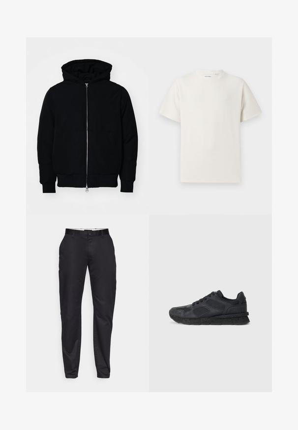 Mustat huppu-untuvatakki, jossa on vetoketju edessä, kenguru-tasku, ribatut hihansuut ja helma, esillä yksinkertaisella valkoisella taustalla.; Valkoinen lyhythihainen T-paita ribbikuviossa. Pyöreä kaula-aukko, rento istuvuus, ei näkyviä kuvioita tai yksityiskohtia. Yksinkertainen ja monikäyttöinen muotoilu.; Mustat housut, joissa on kapea leikkaus, tasainen etuosa, vyölenkit ja yksi napitus. Sileä kangas, jossa on minimaalinen kiilto.; Replay ARTHUR ATOM - Matalavartiset tennarit - black