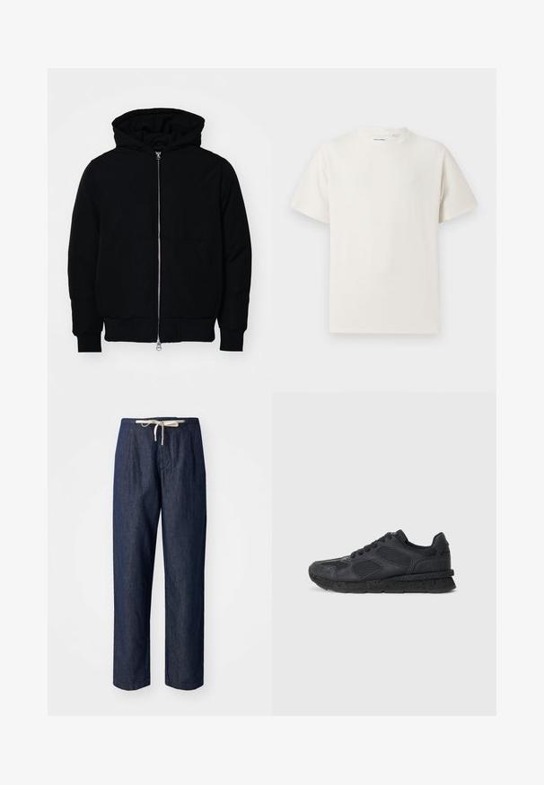 Mustaga kapuutsiga jakk, millel on esineed, kenguru tasku, soonikkoes, ja alläär, esitatud lihtsal valgel taustal.; Valge lühikeste varrukatega T-särk ribakudumises. Ümar kaelus, mugav lõige, nähtavad mustrid ega aksessuaarid puuduvad. Lihtne ja mitmekesine disain.; Tumed sinised teksapüksid, millel on mugav lõige, pa elastse vööga ja sile tekstuur. Sirge jalgade disain, millel on voldikute detail.; Replay ARTHUR ATOM - Tossud - black