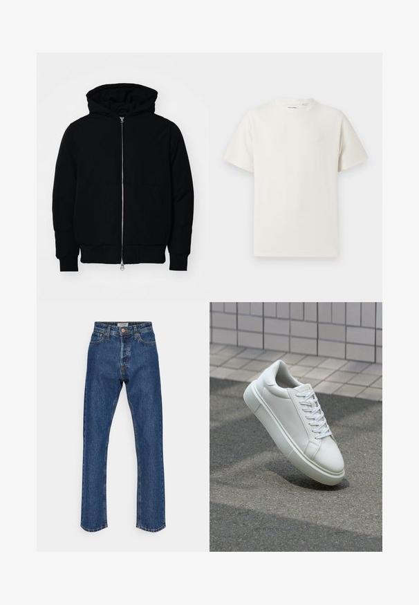 Giacca nera con cappuccio, dotata di zip frontale, tasca a marsupio, polsini e orlo a coste, esposta su uno sfondo bianco semplice.; T-shirt bianca a maniche corte in texture a coste. Girocollo, vestibilità rilassata, senza modelli o accenti visibili. Design semplice e versatile.; Jeans in denim blu scuro con vita alta e gamba dritta. Presentano una chiusura a bottoni, cinque tasche e cuciture a contrasto.; Sneaker bianco in pelle con superficie liscia, punta rotonda e lacci piatti bianchi. Presenta una suola in gomma texturizzata e un design minimale.