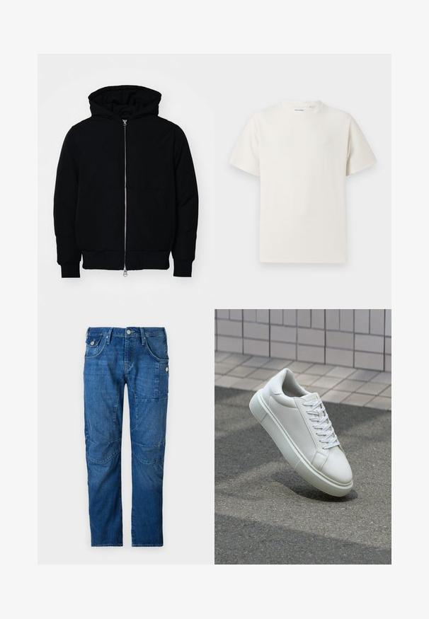 Črna kapuca jakna s sprednjim zadrgo, kenguru žepom, rebrastimi manšetami in hemom, razstavljena na enostavni beli ozadju.; Bela majica s kratkimi rokavi iz rebraste tkanine. Okrogli izrez, sproščen kroj, brez vidnih vzorcev ali naglasov. Preprosta in vsestranska zasnova.; Modre jeans hlače s ravnim krojem, ki imajo klasičen pet-pocket dizajn in dodatne stranske žepe. Tkanina z uničenim videzom.; Bela usnjena teniska obutev z gladko površino, okroglo konico in ravnimi belimi vezalkami. Ima teksturiran gumijast podplat in minimalne oblikovalske elemente.