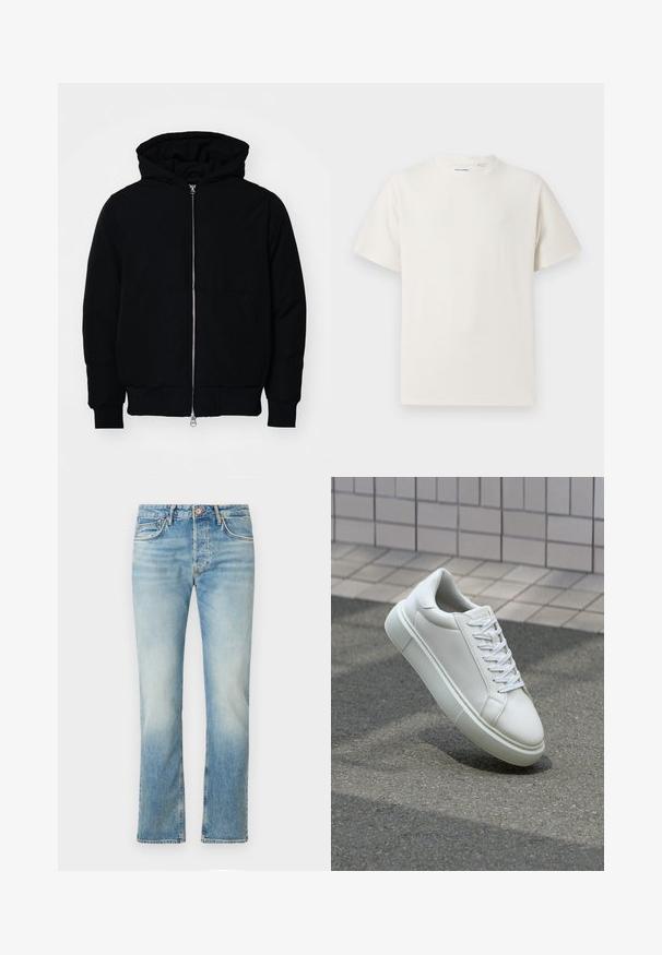 Veste à capuche noire avec fermeture éclair sur le devant, poche kangourou, poignets et ourlet côtelés, présentée sur un fond blanc uni.; T-shirt blanc à manches courtes en texture côtelée. Encolure ronde, coupe décontractée, sans motifs ni accents visibles. Design simple et polyvalent.; Jeans en denim bleu clair avec une coupe droite, présentant une texture délavée, cinq poches, une fermeture à bouton à l'avant et des détails de couture subtils.; Baskets en cuir blanc avec une surface lisse, bout rond et lacets plats blancs. Présentent une semelle en caoutchouc texturée et des éléments de design minimalistes.