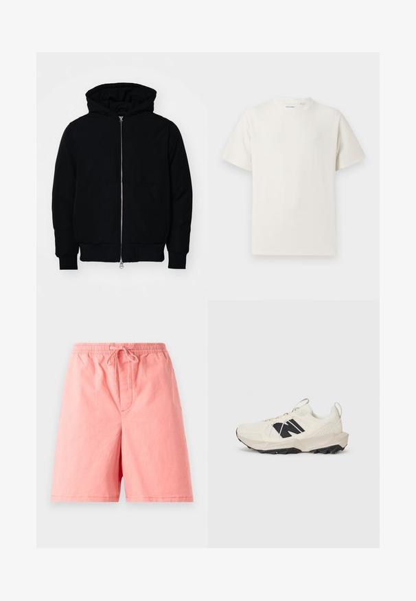 Jachetă neagră cu glugă, cu fermoar în față, buzunar tip kangaroo, mansete și tiv ribbed, prezentată pe un fundal alb simplu.; Tricou alb cu maneci scurte, dintr-un material ribbed. Guler rotund, croi lejer, fără modele sau accente vizibile. Design simplu și versatil.; Shorts roz deschis din bumbac, având un elastic la talie cu șnur și un buzunar frontal unic cu cusătură.; Sneaker bej deschis, cu un superior din plasă, logo negru și o talpă texturată. Accentuate cu un model geometric pe talpa intermediară.
