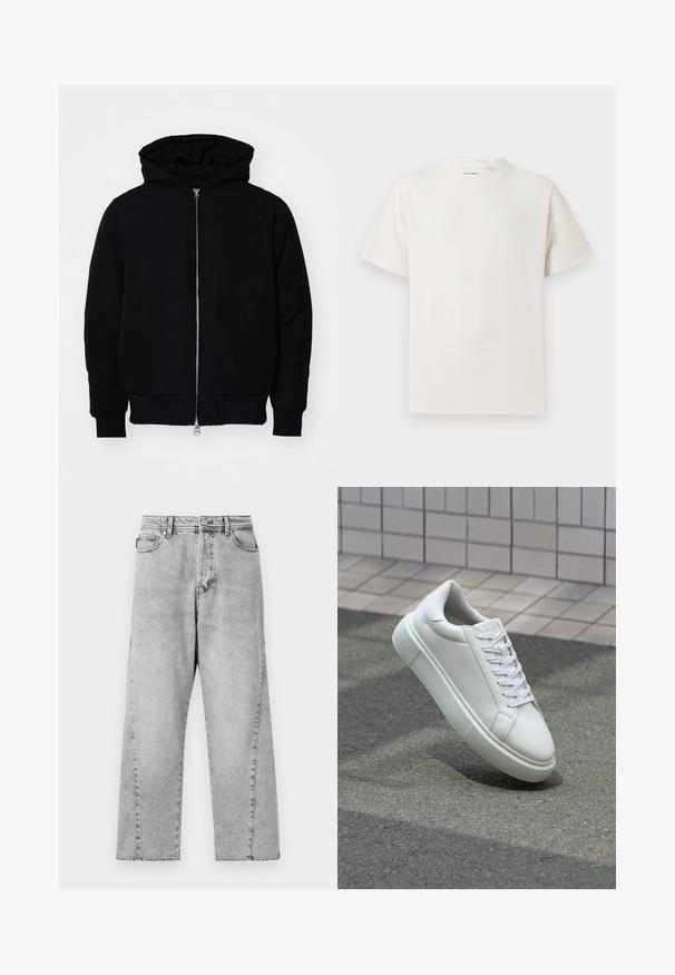 Crna kapuška jakna s prednjim zatvaračem, kenguru džepom, rebrastim manžetama i rubom, prikazana na običnoj bijeloj pozadini.; Bijela kratka majica s kratkim rukavima u rebrastoj teksturi. Okrugli izrez, ležeran kroj, bez vidljivih uzoraka ili akcenta. Jednostavan i svestran dizajn.; Sive traperice širokih nogavica s visokim strukom, s klasičnim dizajnom s pet džepova i vidljivim šavnim detaljima.; Bijela kožna tenisica s glatkom površinom, okruglim vrhom i ravnim bijelim vezicama. Ima teksturiran gumeni potplat i minimalne dizajnerske elemente.