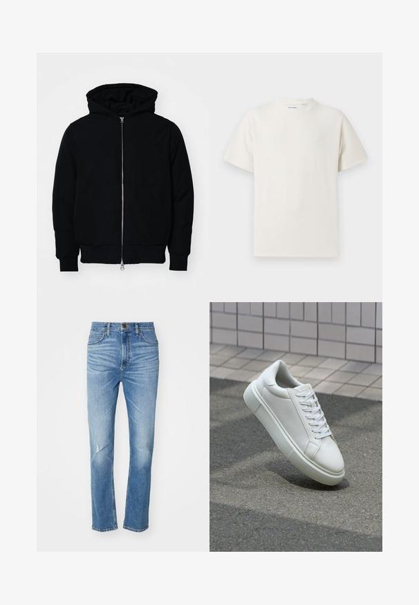 Črna kapuca jakna s sprednjim zadrgo, kenguru žepom, rebrastimi manšetami in hemom, razstavljena na enostavni beli ozadju.; Bela majica s kratkimi rokavi iz rebraste tkanine. Okrogli izrez, sproščen kroj, brez vidnih vzorcev ali naglasov. Preprosta in vsestranska zasnova.; Svijetloplave traperice ravnog kroja, sa zatvaranjem na dugme, pet džepova i blagim izblijedjenjem na prednjem dijelu.; Bela usnjena teniska obutev z gladko površino, okroglo konico in ravnimi belimi vezalkami. Ima teksturiran gumijast podplat in minimalne oblikovalske elemente.