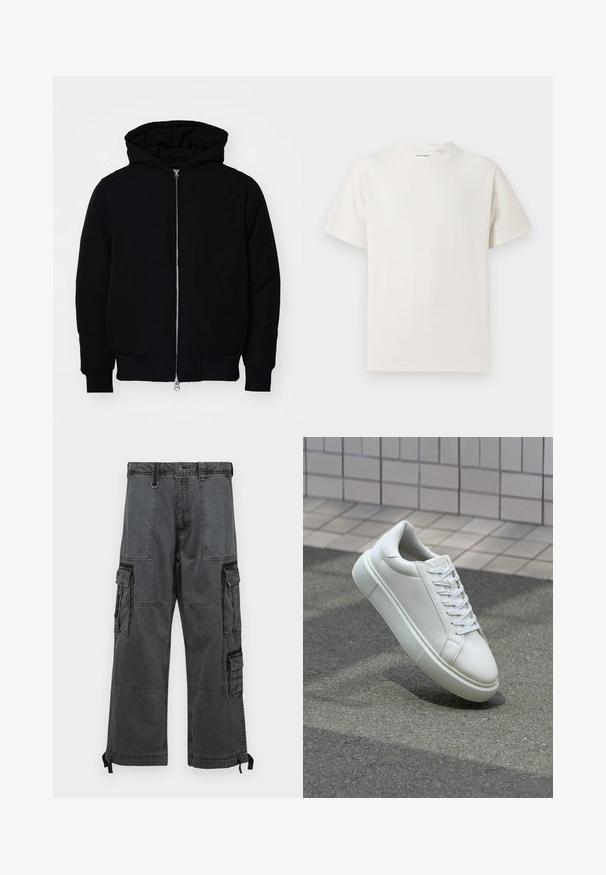 Black hooded jacket with front zipper, kangaroo pocket, ribbed cuffs, and hem, displayed on a plain white background.; White short-sleeve T-shirt in a ribbed texture. Round neckline, relaxed fit, no visible patterns or accents. Simple and versatile design.; Abercrombie & Fitch ULTRA BAGGY UTILITY - Cargo trousers - dark shadow; White leather sneaker with a smooth surface, round toe, and flat white laces. Features a textured rubber sole and minimal design elements.