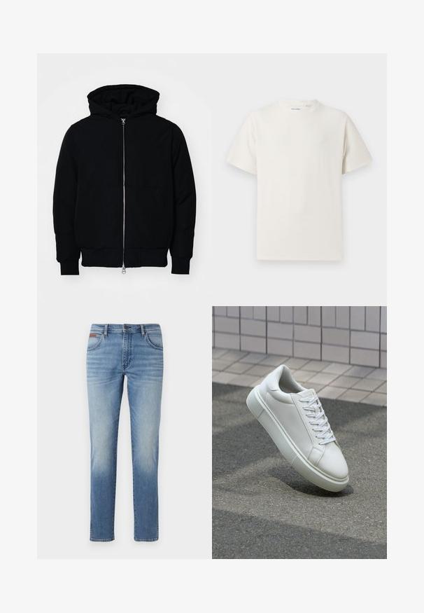Chaqueta negra con capucha, cierre frontal, bolsillo tipo canguro, y puños y dobladillo acanalados, exhibida sobre un fondo blanco liso.; Camiseta blanca de manga corta en textura acanalada. Cuello redondo, corte relajado, sin patrones ni acentos visibles. Diseño simple y versátil.; Jeans de denim azul claro con un diseño de pierna recta, que cuentan con bolsillos frontales, un ligero desgaste en las caderas y un cierre de botón clásico.; Zapatilla de cuero blanca con una superficie lisa, punta redonda y cordones blancos planos. Presenta una suela de goma texturizada y elementos de diseño mínimos.