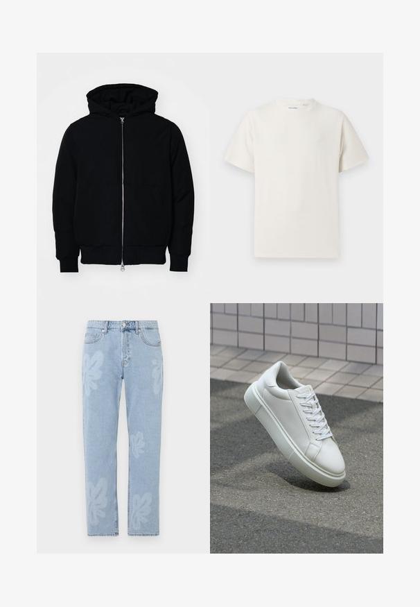 Black hooded jacket with front zipper, kangaroo pocket, ribbed cuffs, and hem, displayed on a plain white background.; White short-sleeve T-shirt in a ribbed texture. Round neckline, relaxed fit, no visible patterns or accents. Simple and versatile design.; Light blue denim jeans featuring floral patterns and a straight-leg cut. Standard waistband with a button closure and five pockets.; White leather sneaker with a smooth surface, round toe, and flat white laces. Features a textured rubber sole and minimal design elements.