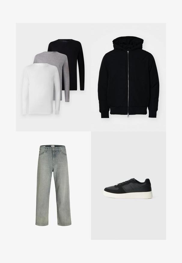Černá kapucňová bunda s předním zipem, klokaní kapsou, vroubkovanými manžetami a spodním lemem, vystavená na čistém bílém pozadí.; Set pěti triček s dlouhým rukávem: černé, bílé, šedé. Vyrobené z bavlny, s kulatými výstřihy a jednoduchým designem, bez ozdob.; Svetle šedé, volné džíny z denimu. Mají klasický design se pěti kapsami, poutky na opasek a rovný siluetu nohavic.; Černé nízké tenisky s texturovanou kůží a suédovými panely, bílé gumové podrážky a černé tkaničky na jednoduchém světlém pozadí.