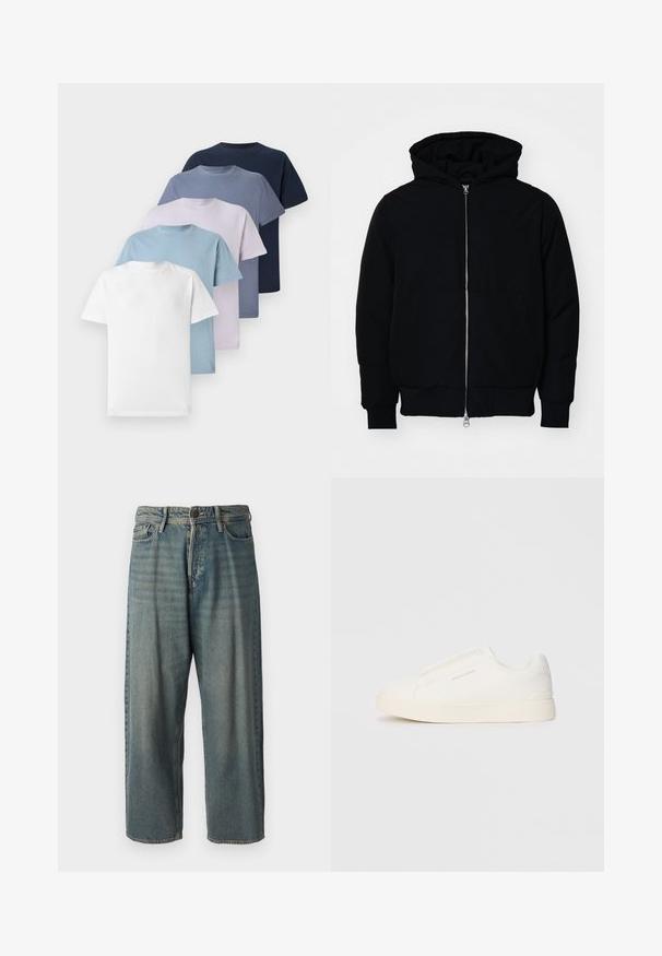 Schwarze Kapuzenjacke mit Frontreißverschluss, Kängurutasche, gerippten Bündchen und Saum, auf einem schlichten weißen Hintergrund präsentiert.; Fünf Rundhals-T-Shirts in verschiedenen Farben: Weiß, Hellblau, Helllila, Dunkelblau und Marineblau. Aus Baumwolle mit kurzen Ärmeln.; Helle blaue Denim-Jeans mit lockerer Passform, mittelhoher Taille und geraden Beinen. Hat fünf Taschen, Gürtelschlaufen und einen Knopfverschluss.; Weiße Slip-On-Sneaker mit einer strukturierten Oberfläche, dicker Sohle und minimalistischem Design. Mit Logo der Marke an der Seite.