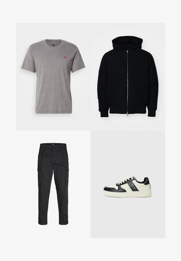 Mustaga kapuutsiga jakk, millel on esineed, kenguru tasku, soonikkoes, ja alläär, esitatud lihtsal valgel taustal.; Hallide hallid lühikeste varrukatega puuvillasegusest T-särk. Omab ümmargust kaelust ja väikest punast Levi'si logo vasakul rinnal. Pehme tekstuur.; Mustad mustapõlvik, mis on valmistatud tugeva koe kasutades, sisaldab mitmeid taskuid, nupule kinnitatav sulgemine ja kitsenev disain.; Nahatud nahkkingad musta ja kreemi värviskeemiga, millel on perforeeritud aktsendid, pehme krae ja tekstureeritud tallad.