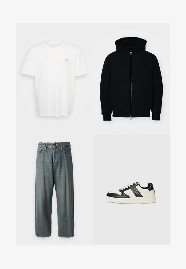 Black hooded jacket with front zipper, kangaroo pocket, ribbed cuffs, and hem, displayed on a plain white background.; White cotton t-shirt featuring a round neckline and short sleeves. Notable graphic design of an eye surrounded by rays on the left chest.; Light blue denim jeans with a loose fit, mid-rise waist, and straight legs. Features five pockets, belt loops, and a button closure.; Leather sneakers with a black and cream color scheme, featuring perforated accents, a padded collar, and a textured outsole.