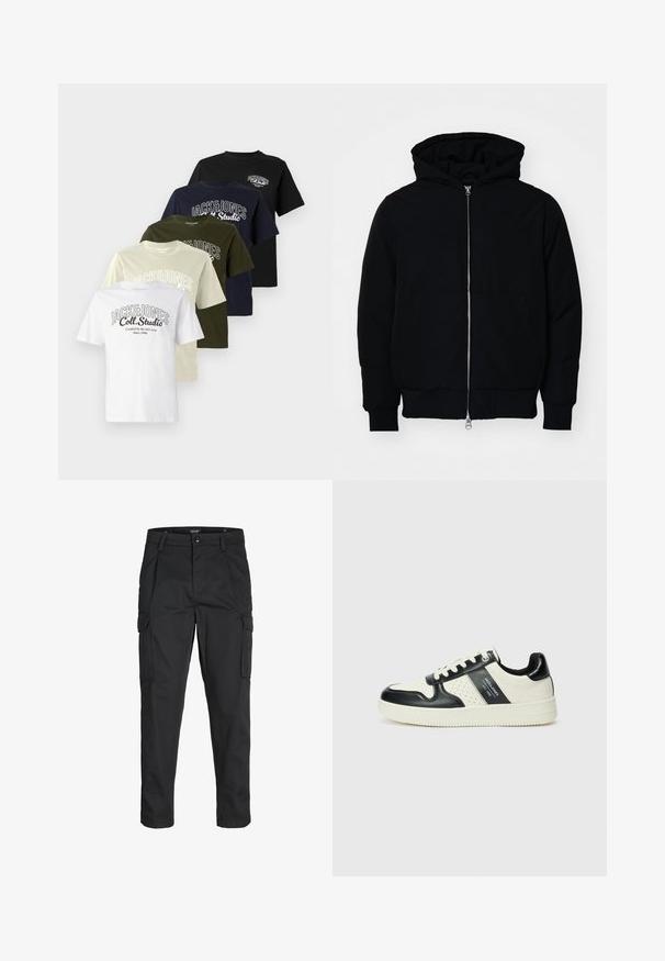 Sort hættejakke med frontlynlås, kængurulomme, ribbede manchetter og kant, præsenteret på en ensfarvet hvid baggrund.; Fem T-shirts i en række: hvid, beige, oliven, marineblå og sort. Hver har et logo med teksten "JACK&JONES" og en rund halsdesign.; Sorte cargo-bukser lavet af slidstærkt stof, der har flere lommer, en knaplukning og et slim fit design med smalle ben.; Lædersneakers i sort og creme farveskema, med perforerede detaljer, en polstret krave og en struktureret ydersål.